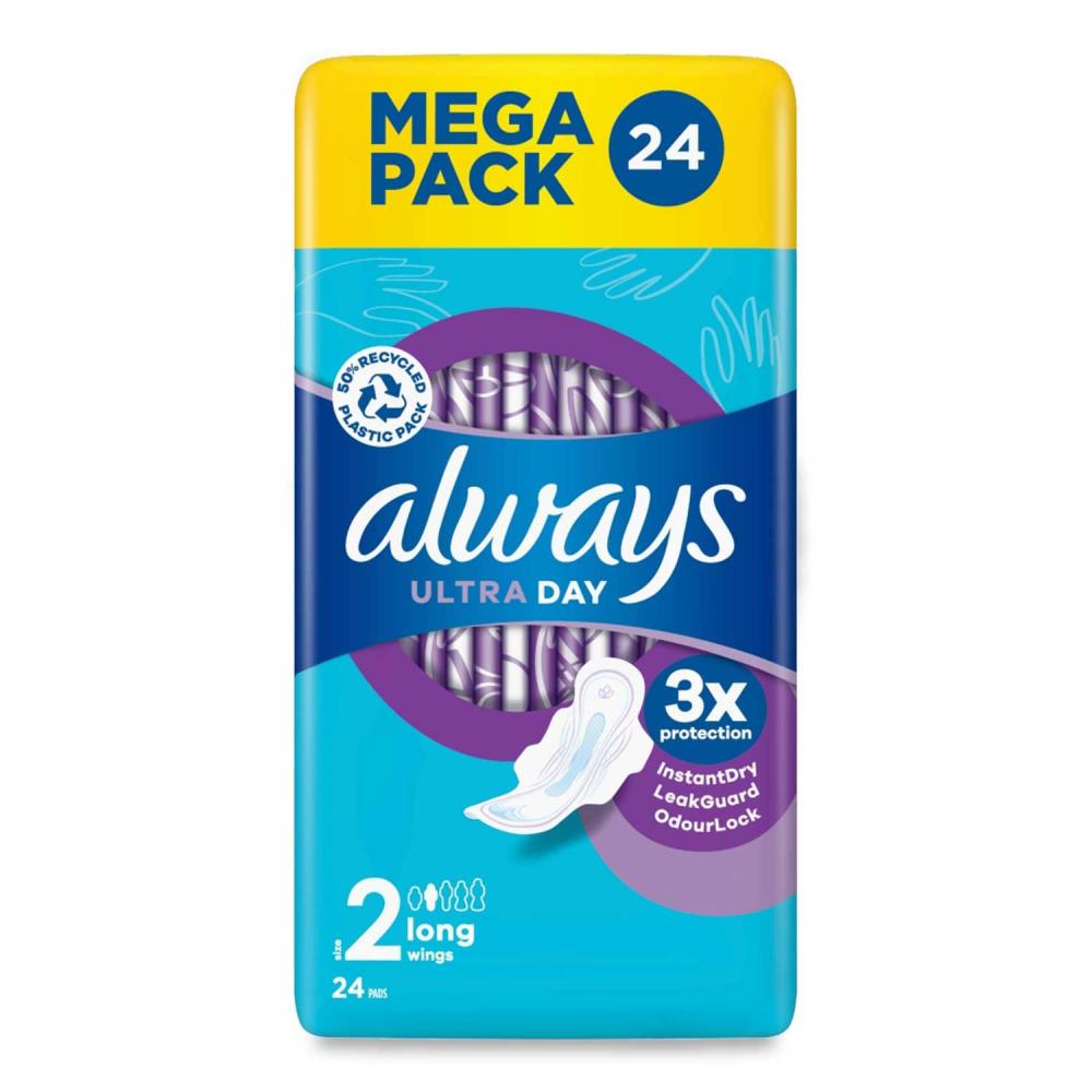 Always Ultra Day Sanitary Towels Long Wings Size 2 24 Pack