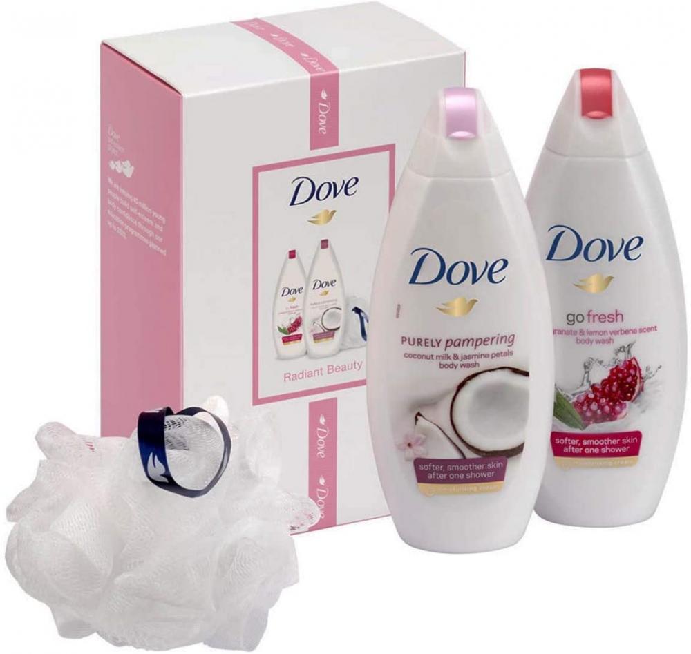 Dove Relaxing Beauty Body Wash Duo Gift Set With Bath Puff Damaged Box