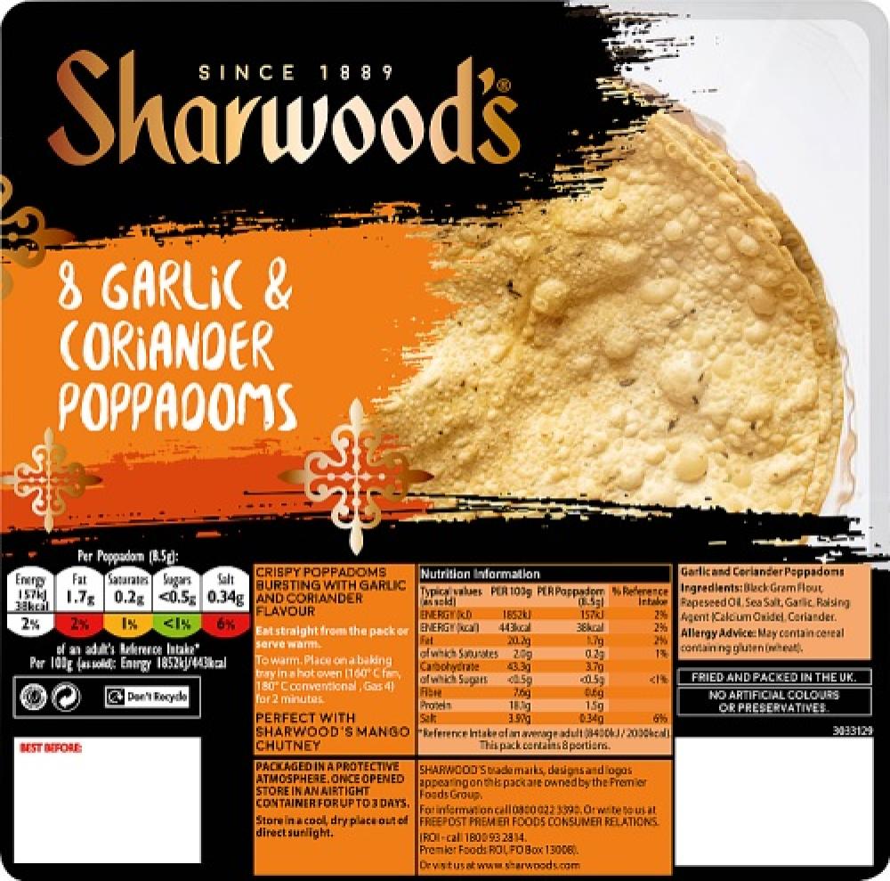Sharwoods 8 Garlic and Coriander Poppadoms