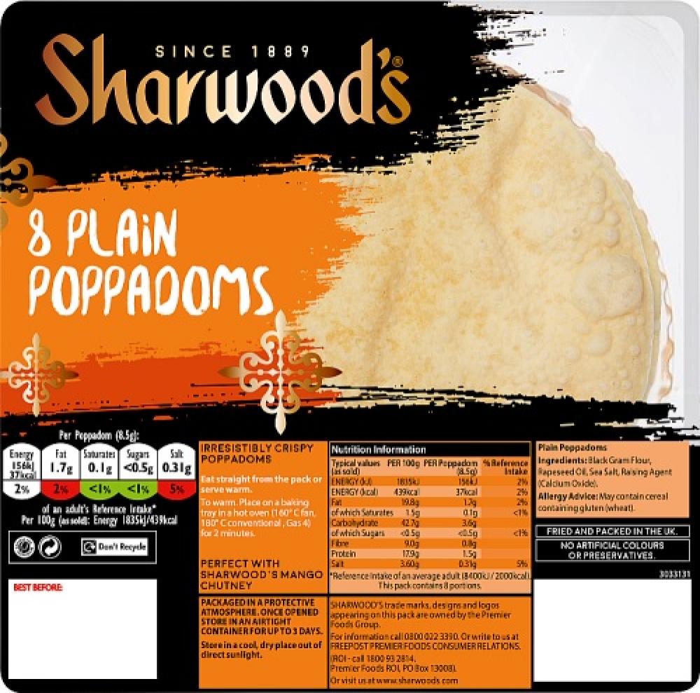 Sharwoods 8 Plain Poppadoms