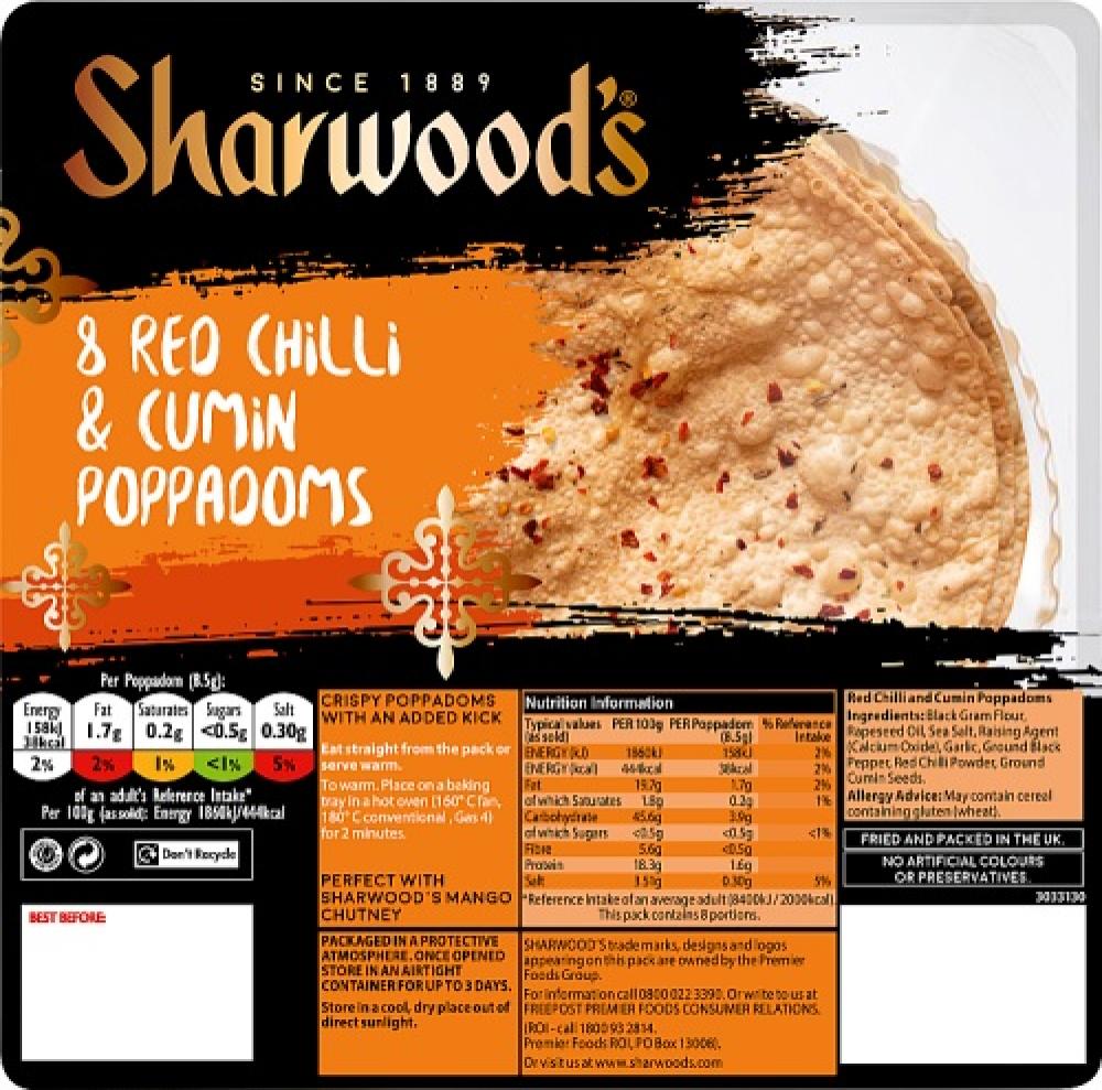 Sharwoods 8 Red Chilli and Cumin Poppadoms