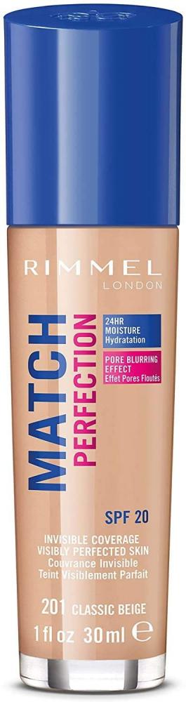 Rimmel London Match Perfection Liquid Foundation Long-lasting Hydrating Formula with Smart-tone Technology and SPF 20 Formula 201 Classic Beige 30ml