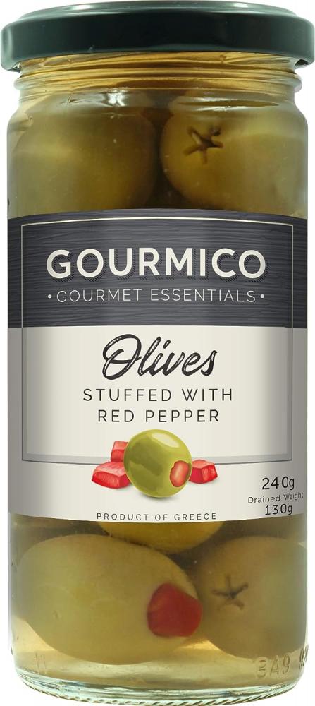Gourmico Hand-Stuffed Green Olives with Red Pepper 240g