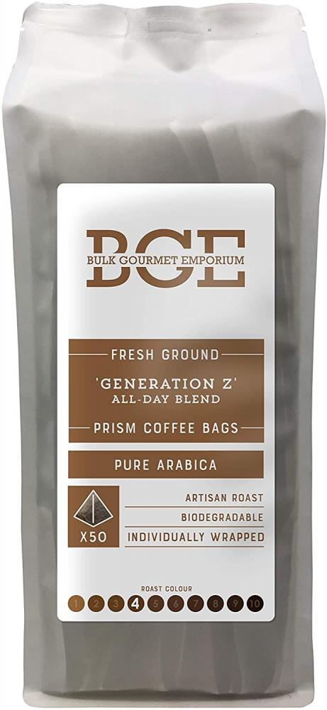 Bulk Gourmet Emporium Fresh Ground Generation Z All-Day Blend Pure Arabica Coffee Biodegradable Prism Coffee Bags 350g