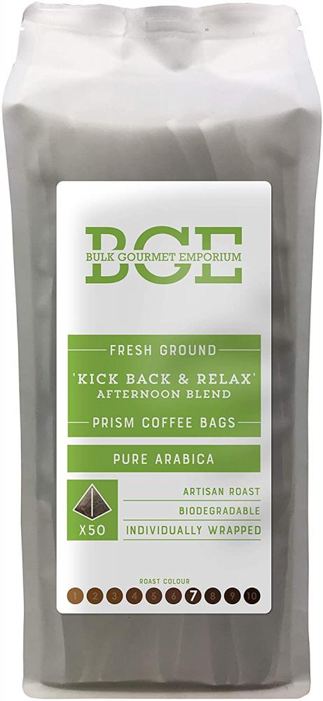 Bulk Gourmet Emporium Fresh Ground Kick Back and Relax Afternoon Blend Pure Arabica Biodegradable Prism Coffee Bags 350g