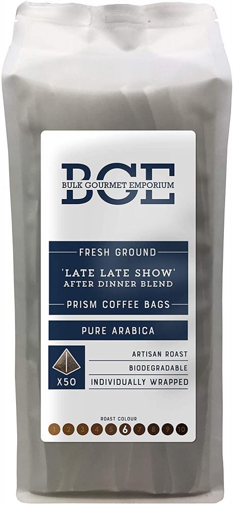 Bulk Gourmet Emporium Late Late Show After Dinner Blend Fresh Ground Pure Arabica Coffee Biodegradable Prism Coffee Bags 350g