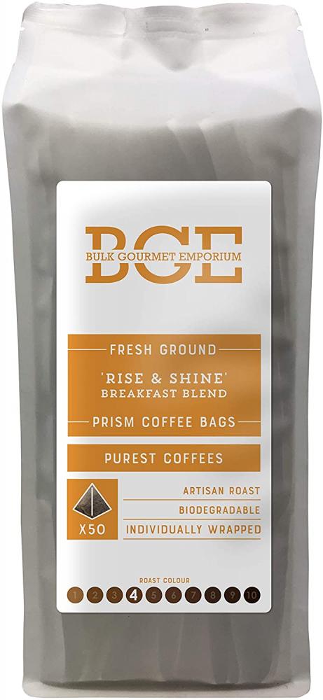 Bulk Gourmet Emporium Rise and Shine Breakfast Blend Fresh Ground Coffee Biodegradable Prism Coffee Bag 350g