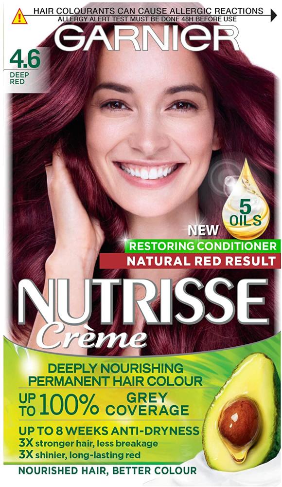 Garnier Nutrisse Red Hair Dye Permanent Up to 100 Percent Grey Hair Coverage with 5 Oils Conditioner - 4.6 Deep Red