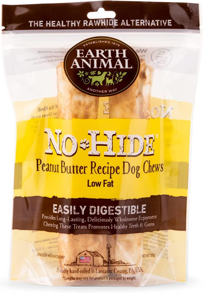 Earth Animal No Hide Long Lasting Rawhide Replacement Dog Treats - Medium Chews - Peanut Butter 2pk 120g