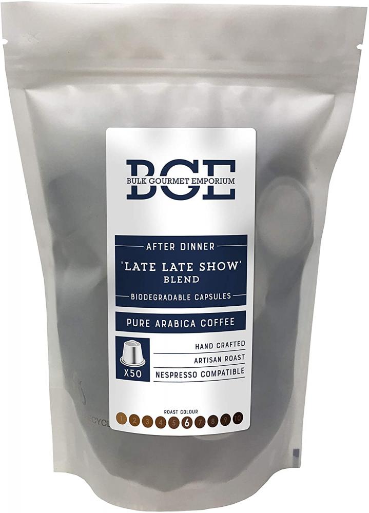 Bulk Gourmet Emporium Late Late Show After Dinner Blend Pure Arabica Coffee Biodegradable Nespresso Compatible Capsules 325g