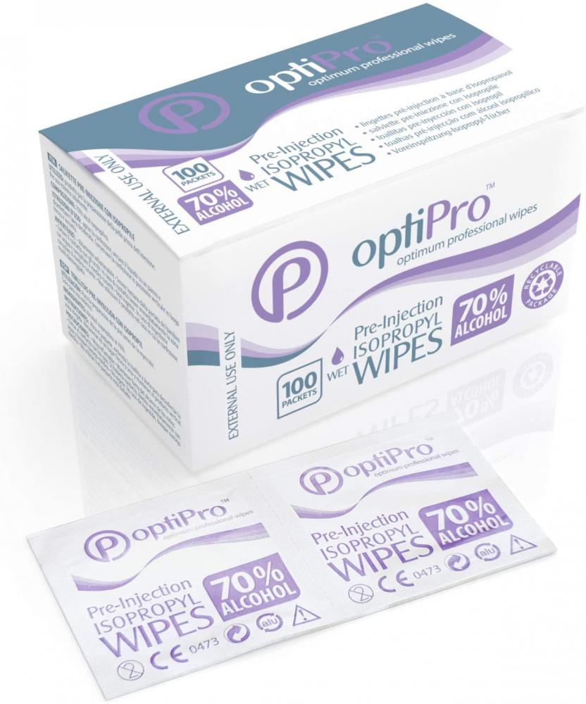 OptiPro 70 Percent Alcohol Pre-Injection Isopropyl Wipes x 100